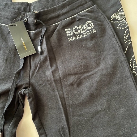 BCBG Max Azria Black track suit jacket and pants with floral Rhinestone Logo - Picture 12 of 16